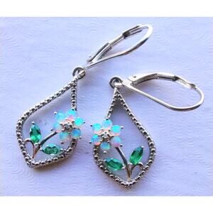 RichLine RL NEW Opal Emerald Flower 925 Sterling Silver Dangle Drop Earrings